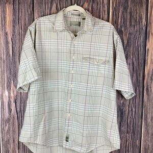 Bill Blass Light Green & Plaid Shortsleeved Button Down Cotton Shirt - Size Lg